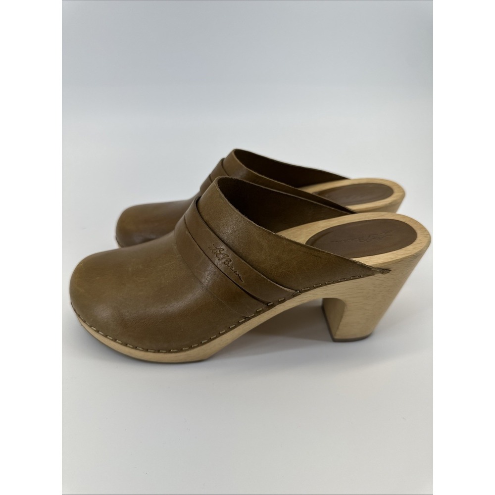 L.L.Bean Brown Leather Stapled Wood Chunky Heel Platform Boho Clogs Mules 8